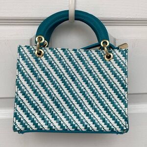 Persaman New York Turquoise & White Raffia & Leather Mini Bag with Long Strap